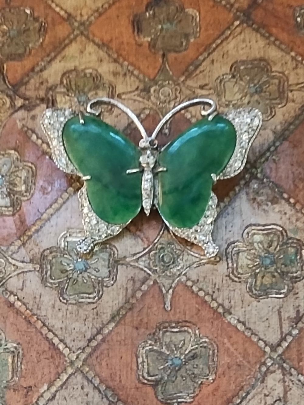 Green Butterfly Jadeite and Rhinestone Brooch - Women Jewelry